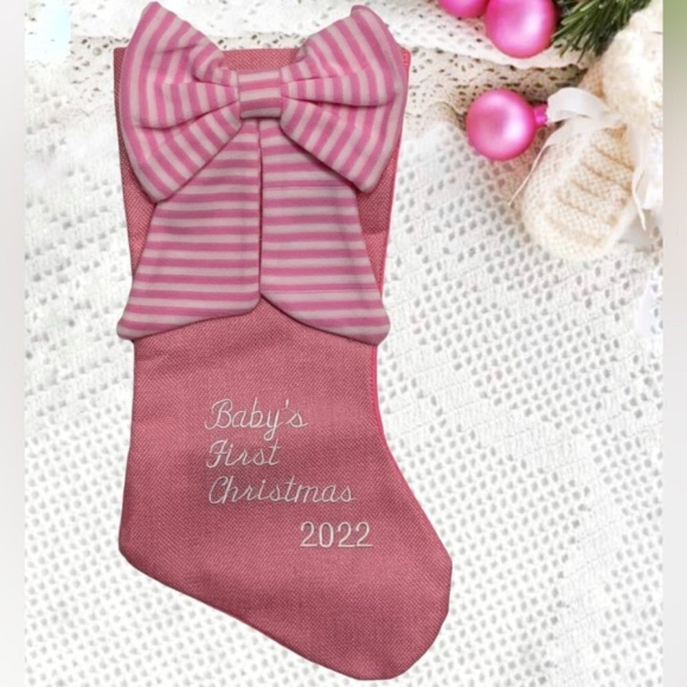 Baby First Christmas Stocking Embroidered 2022  Baby Girl Pink White 17 Inches